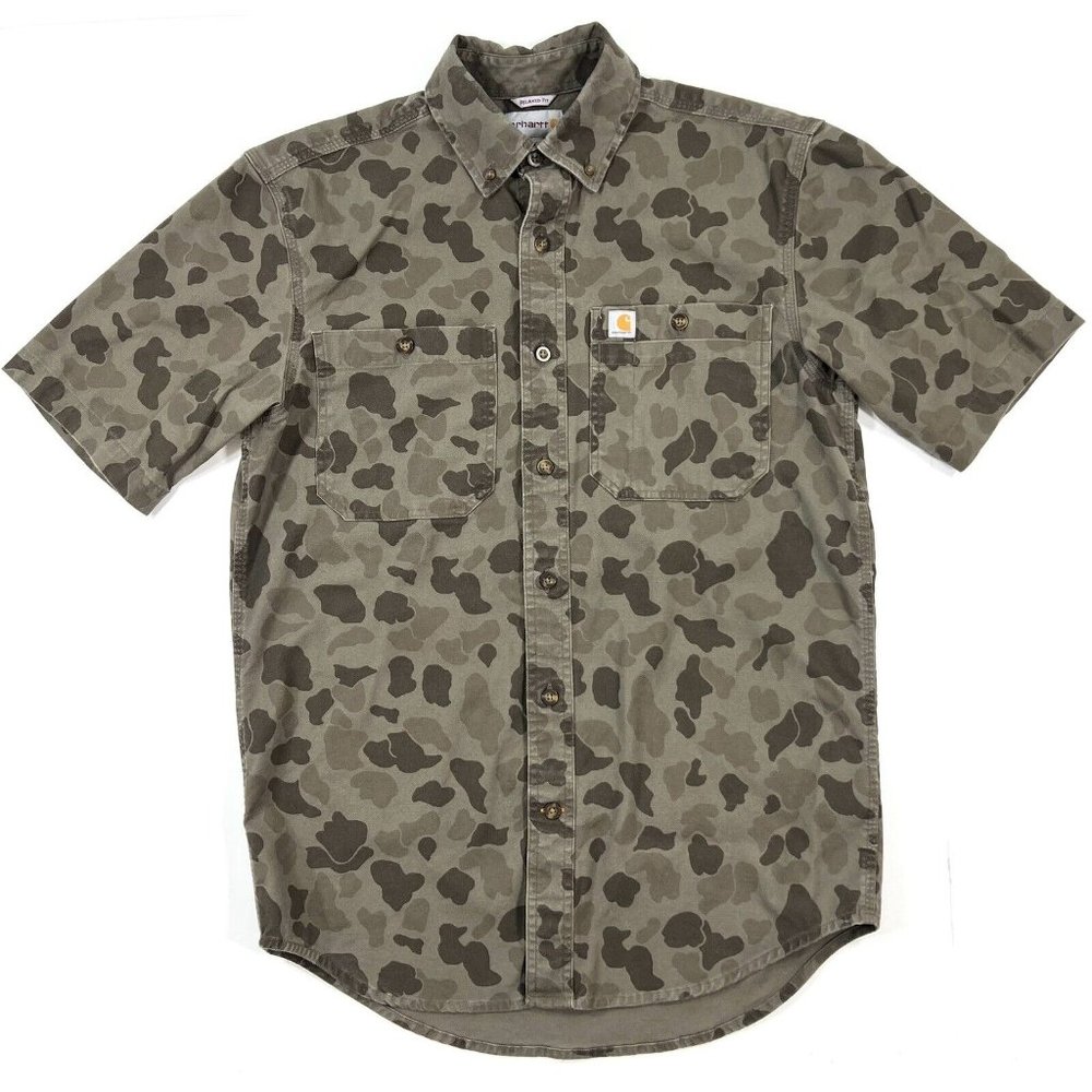 Carhartt Rugged Flex Rigby Work Shirt Mens Small Relaxed Fit Brown Duck Camo